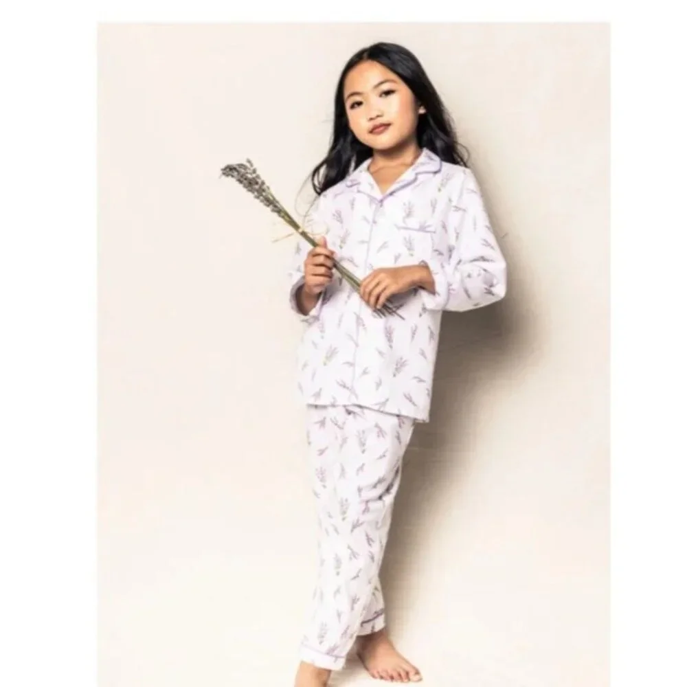 Petite Plume Girls Lavender Floral Pajama Set Cotton Long Sleeve Button-Down Top - Picture 13 of 14